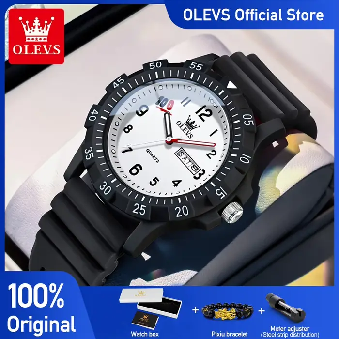 Montre à Quartz OLEVS 2705 Calendrier Complet Bracelet en Silicone Robuste pour Etudiants Occasions Spéciales