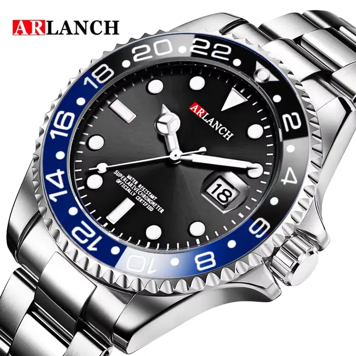 Montre d'affaires en acier inoxydable 40mm classique rouge bleu cercle série de plongée loupe calend