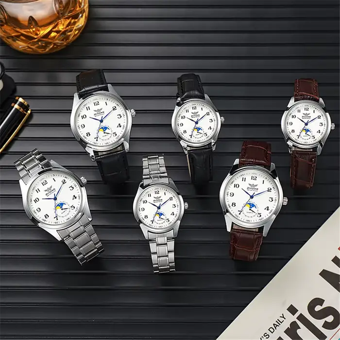 Montre de luxe en cuir noir avec calendrier complet pour femmes, élégante et résistante à l'eau pour toutes les occasions