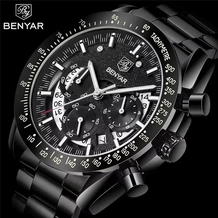 BENYAR mode Sport montre hommes haut de gamme de luxe noir mâle chronographe horloge militaire en acier inoxydable étanche montre-bracelet 5120
