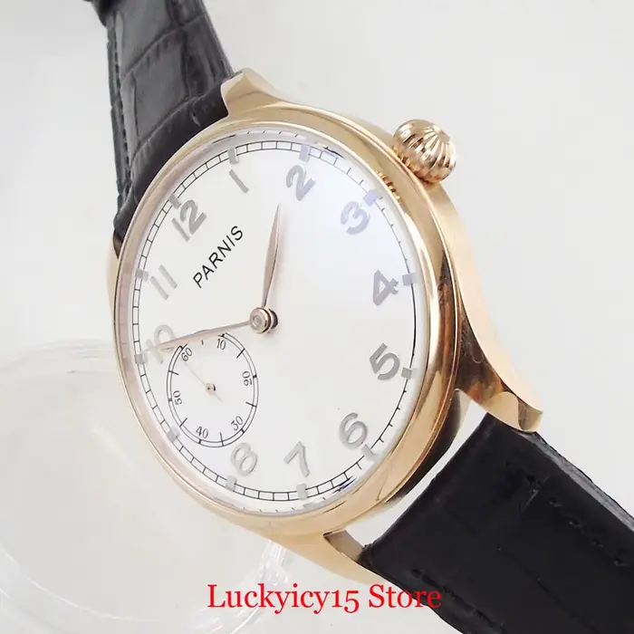 Montre-bracelet Parnis or rose à remontage manuel avec cadran blanc pour homme occasions spéciales et cadeaux élégants