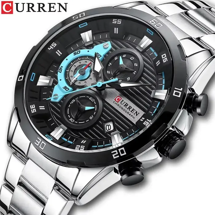 Montre Curren 8402 en Acier Inoxydable Design Créatif Cadran Lumineux Chronographe Montre Luxe Homme Occasions Spéciales