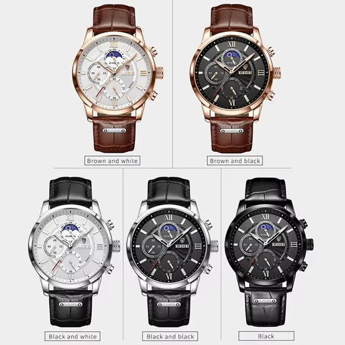 Montre à quartz en cuir marron pour homme