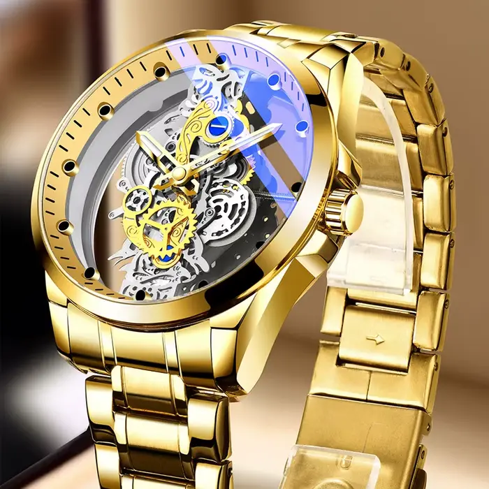 Offre spéciale mode montre transparente hommes Imitation montres mécaniques cadran lumineux bracelet en acier inoxydable