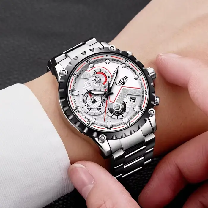 Montre Hommes LIGE Argent Acier Inoxydable Chronographe Résistante à l'Eau Occasions Spéciales