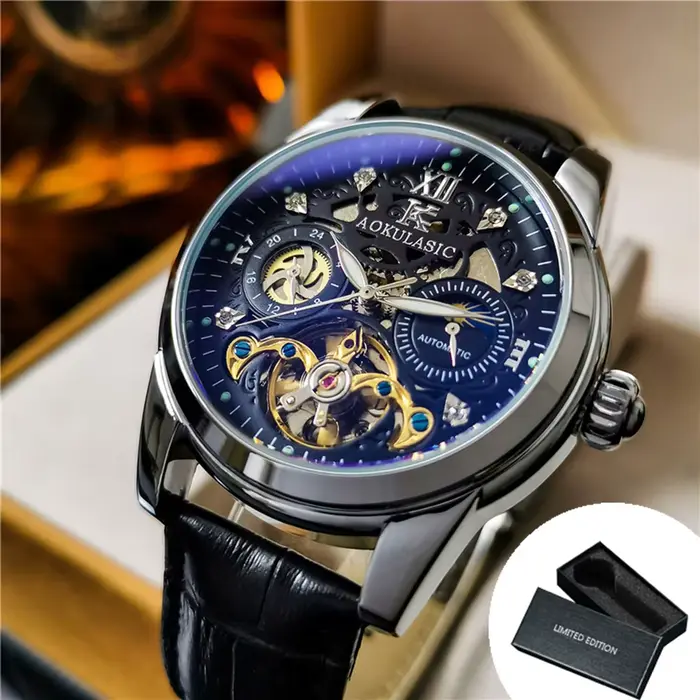 Montre mécanique automatique squelette tourbillon AOKULASIC tendance pour homme, aiguilles lumineuse