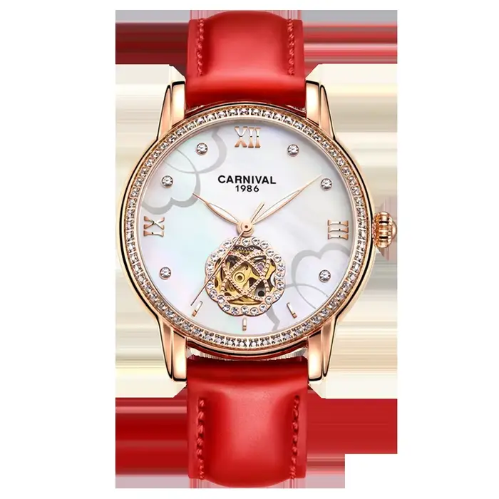 Carnival-Montre mécanique en diamant pour femme, montres automatiques saphir étanches, cuir, marque 