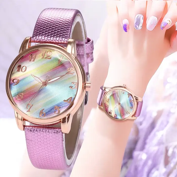 Montre à Quartz minimaliste avec cadran couleur arc-en-ciel pour femmes