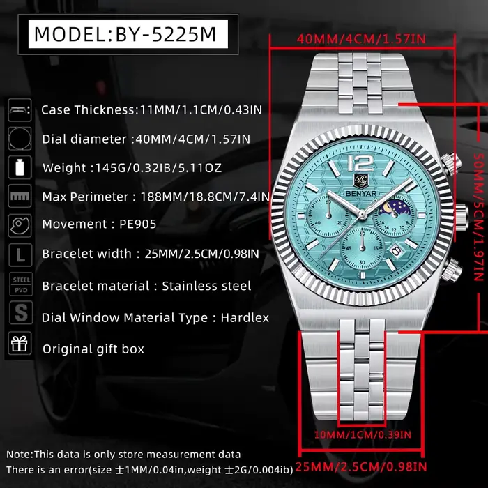 BENYAR nouveau 5225 montres à Quartz 40mm hommes montre multi fonctionnelle sport étanche chronographe saphir verre montre-bracelet cadeau