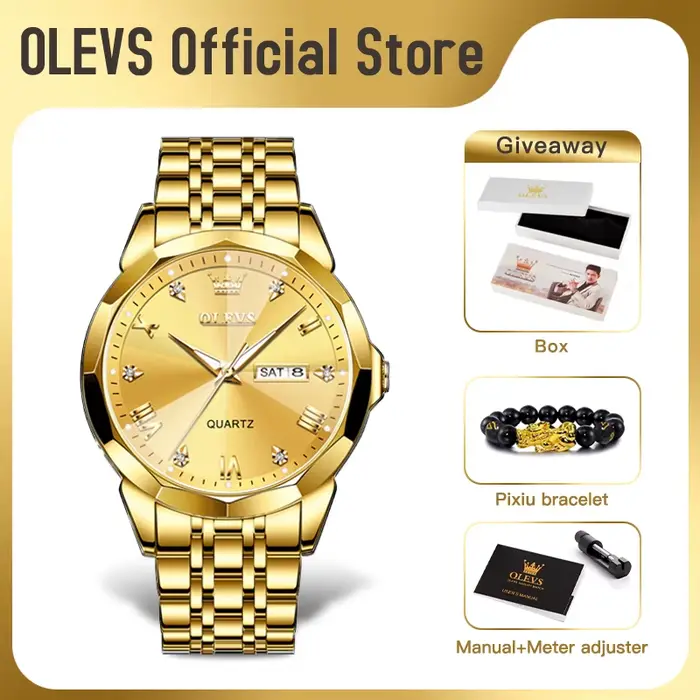 OLEVS montres pour hommes or Original montre-bracelet à Quartz étanche montre lumineuse pour homme losange miroir Date semaine robe de luxe