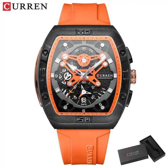 CURREN Montre chronographe pour homme Design de boîtier Tonneau avec bracelet en silicone sport Mont