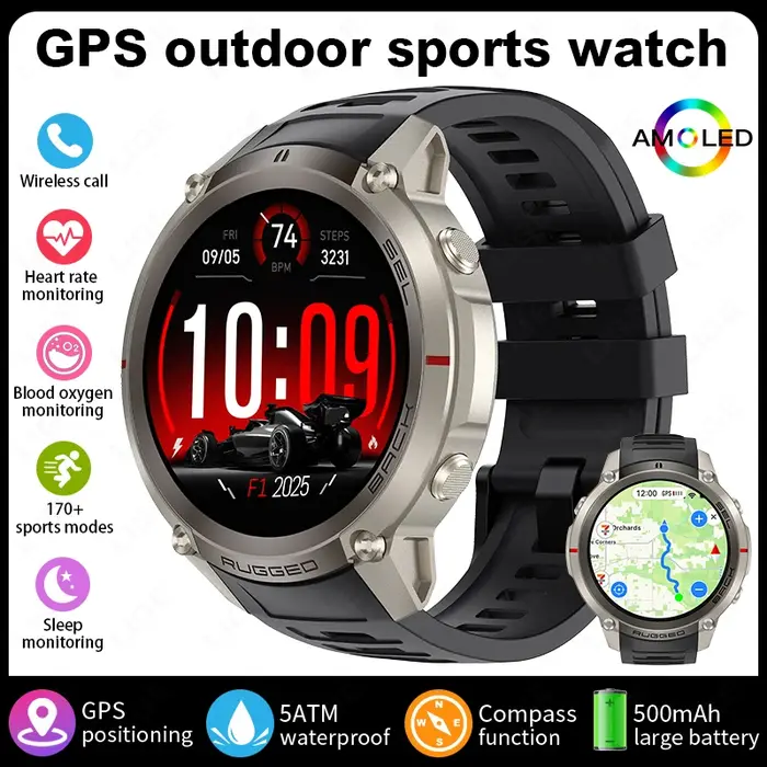 Montre connectée GPS 2026 avec boussole et suivi des activités pour homme, résistante à l'eau, pour les amoureux des sports extérieurs