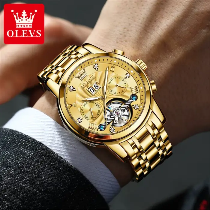 Montre homme OLEVS 9910 tourbillon lumineuse automatique mécanique élégante pour hommes mode et décontracté avec calendrier complet et affichage de la semaine occasions spéciales