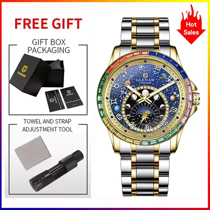 Nouvelle Montre Mécanique GLENAW 2025 Cercle Arc-en-ciel pour Hommes, Cadran Constellation, Lumière 