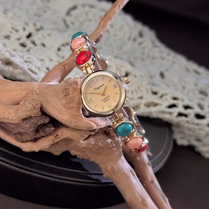 Montre à Quartz pour Femmes avec Pierres Précieuses Colorées Bracelet en Alliage de Lithium Textures Ovales Vintage Style Court Français Occasions Spéciales