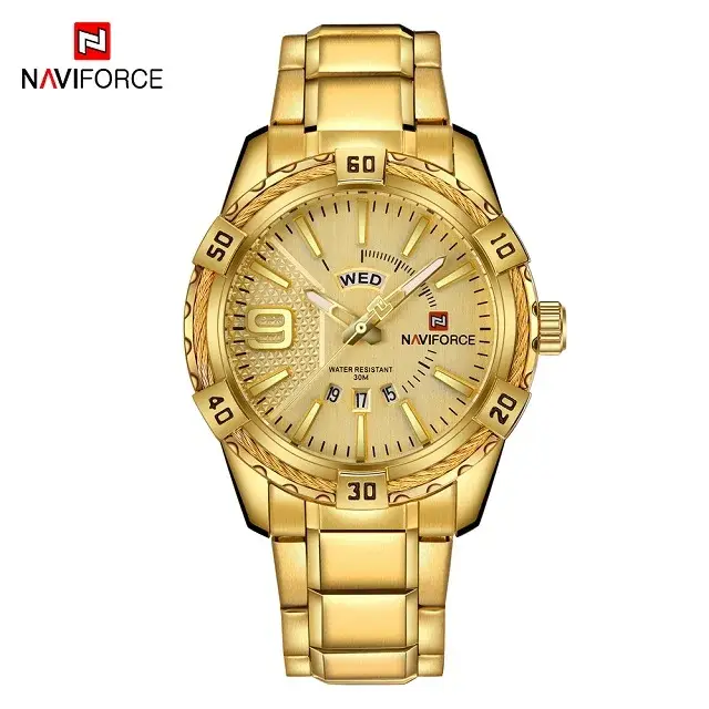 Montre militaire dorée Naviforce résistante à l'eau pour homme, robuste et élégante, pour randonnées et occasions spéciales