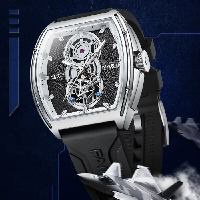 Montre Homme Automatique Mécanique Mark Fairwhale 6029 Tendance Bracelet Caoutchouc Tourbillon Tonneau Montres