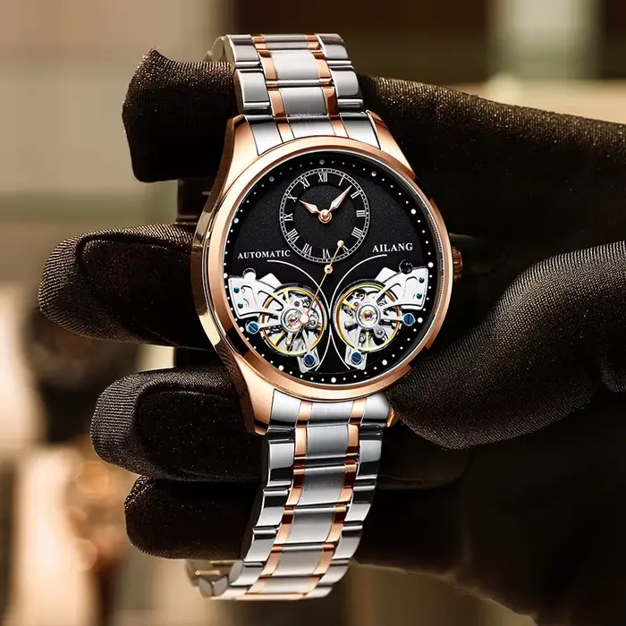 AILANG flambant neuf mode Double Tourbillon montre pour hommes de luxe en acier inoxydable étanche automatique montres