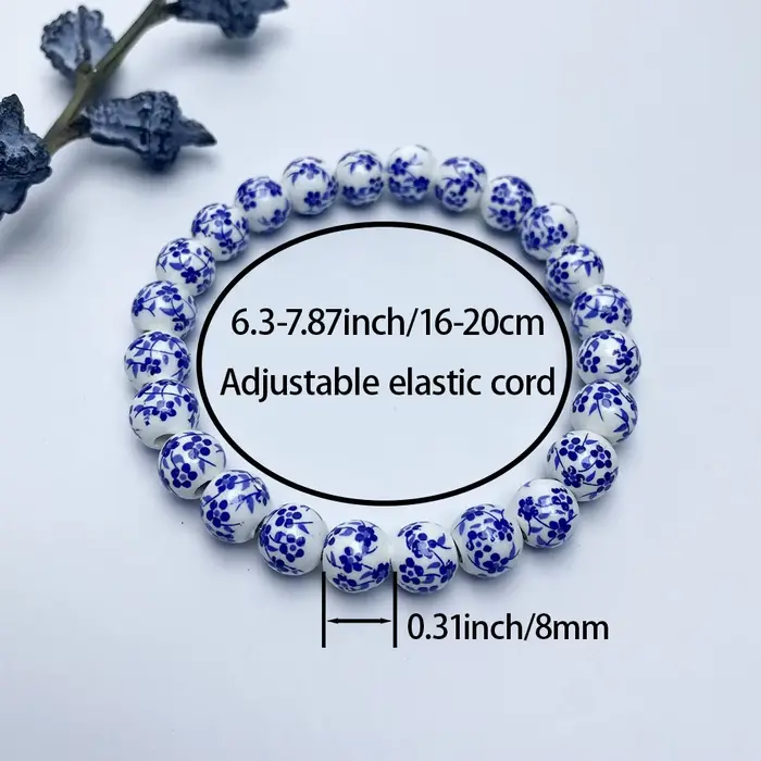 Bracelet de perles en céramique de porcelaine bleue et blanche à la mode