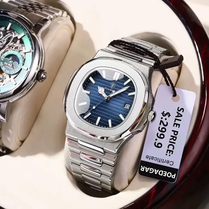 POEDAGAR carré luxe hommes montre-bracelet étanche lumineux Date en acier inoxydable mâle horloge affaires sport