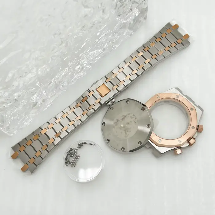 Boîtier de montre chronographe en acier inoxydable doré rose modifié 41 mm avec bracelet pour mouvement à quartz Oak