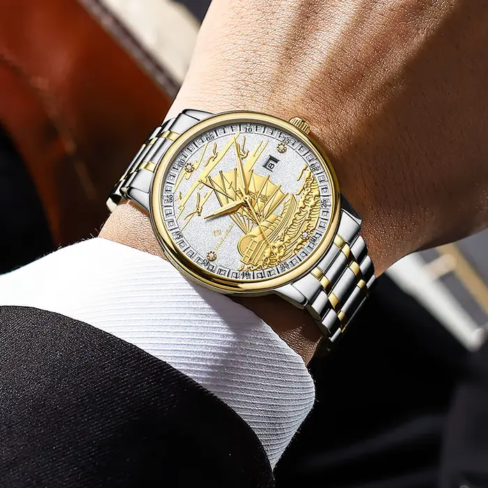 Montre Homme Luxe Affaires Or Design Voilier Date Lumineuse Étanche Bracelet Acier Quartz Montres