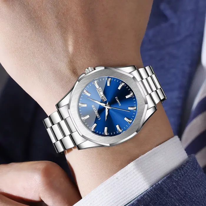 Montre de luxe pour hommes, cadran bleu, en acier inoxydable, calendrier, montre-bracelet à Quartz, horloge d'affaires pour hommes (sans boîte)