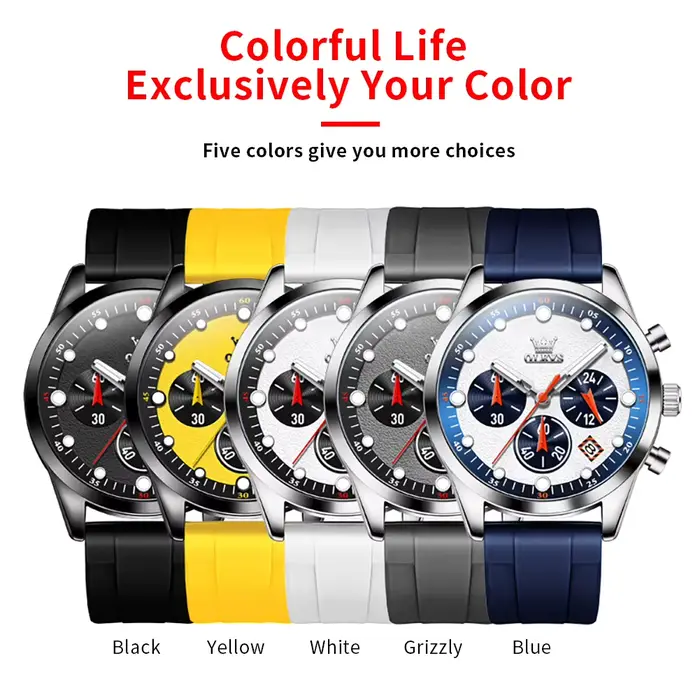 OLEVS-Montre-bracelet à quartz étanche pour homme, couleurs vives, bracelet en silicone, chronographe, date, mode originale, 5602