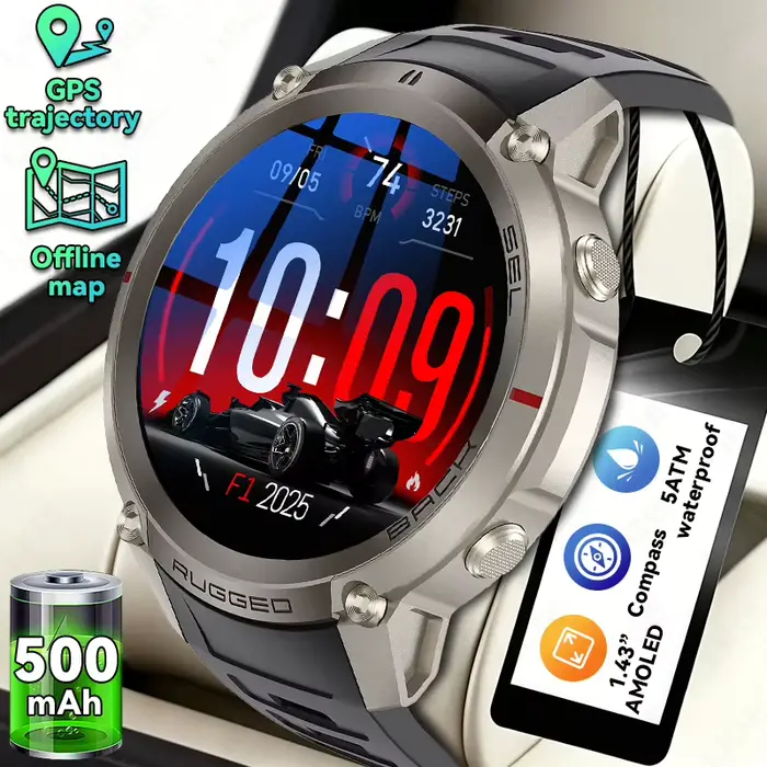 Montre Intelligente LIGE 2026 GPS, Cartes Hors Ligne, Étanche 5ATM, Bracelet Gel de Silice, Suivi Fitness, Assistant Vocal, 10 Jours d'Autonomie pour Hommes Occasions Spéciales