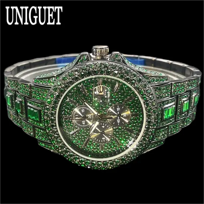 Vente chaude montre de glace rouge pour hommes marque de mode UNIGUET Hip Hop plein diamant luxe en acier inoxydable bijoux Quartz montre-bracelet homme