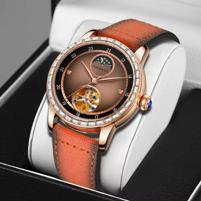 Marque de luxe Tourbillon squelette montres mécaniques Phase de lune sculpté mouvement strass automatique montre pour hommes bracelet en cuir