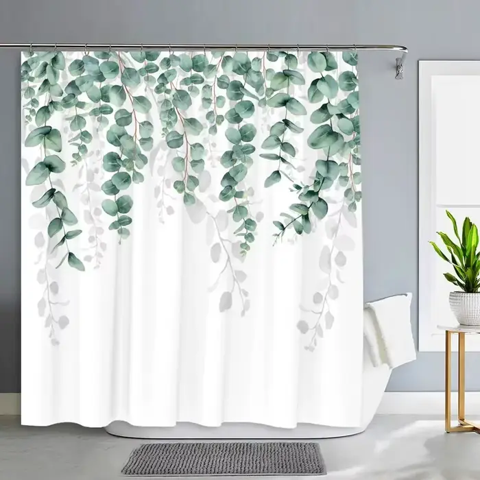 Rideau de Douche avec Plantes Vertes et Feuilles d'Eucalyptus, Aquarelle Naturelle, Motifs BotArabes