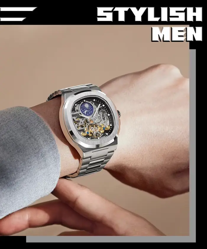 Forsining 2025 nouveau haut hommes montres mécaniques automatiques Tourbillon Phase de lune en acier étanche lumineux squelette horloge d'affaires