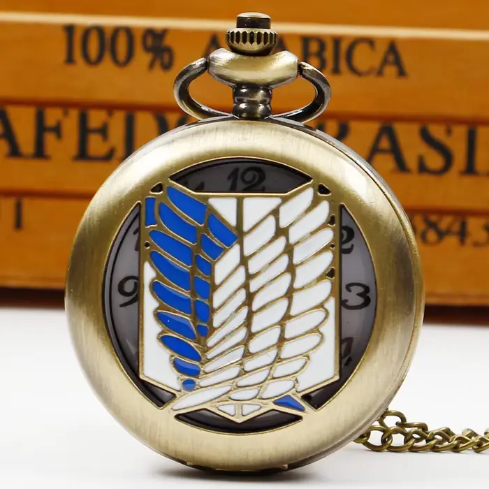 Montre de poche vintage à quartz ajourée, design aile bleue et blanche, avec chaîne, pour homme et f