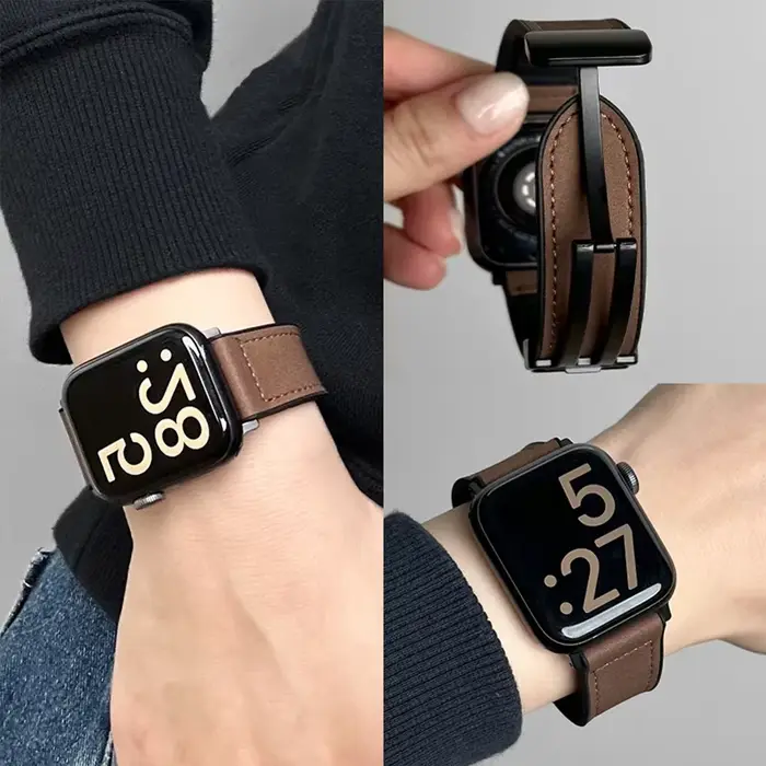 Bracelet en silicone et cuir pour Apple Watch Série 10 9 8 7 6 12mm 14mm Compatible Bracelet Magnétique Multicolore Unisexe Occasions Spéciales