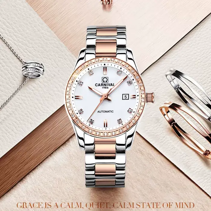 Montre Carnaval Luxe Or Rose Argent Calendrier Automatique Pour Femmes Occasions Spéciales