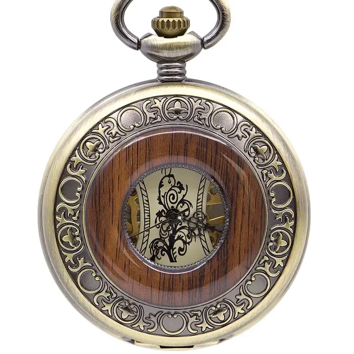 Montre de poche mécanique en Bronze pour hommes et femmes, avec chaîne en bois massif, cadran romain