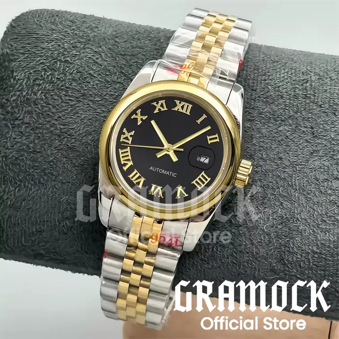 Gramock 31mm montre-bracelet mécanique NH05 pour femme cadran noir mat marque romaine argent/or ronde Beze lSteel montres pour femmes