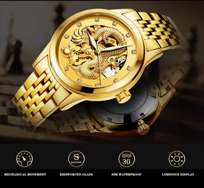 Montres mécaniques automatiques de luxe pour hommes, horloge Dragon doré, étanche, cadeau unique, marque supérieure