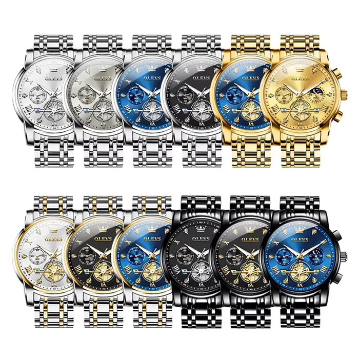 Montre homme OLEVS à quartz avec phase de lune, résistance à l'eau 30m, bracelet en acier inoxydable pour occasions spéciales et quotidiennes