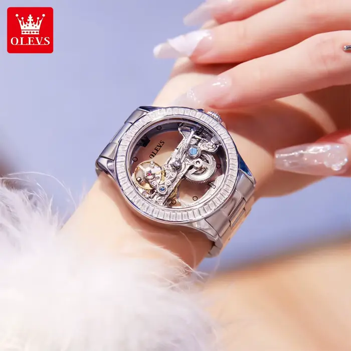 OLEVS 6699 entièrement creux femmes montre mécanique de luxe volant diamant lunette marque haut