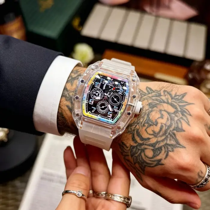 Montre à quartz transparente haut de gamme pour homme, cadran arc-en-ciel tendance, étanche, montre-