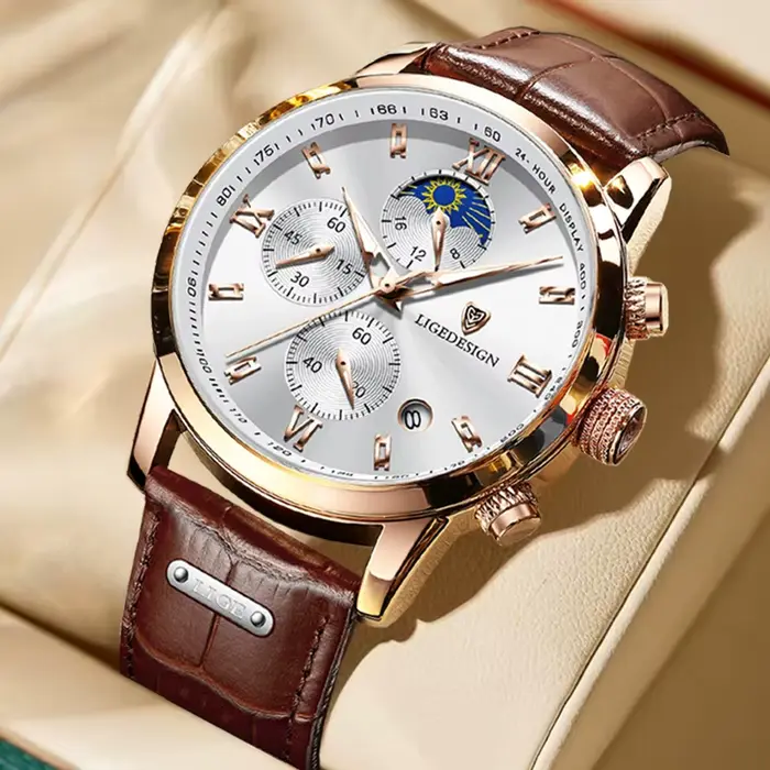 Montre-bracelet à quartz LIGE décontractée avec phases de lune