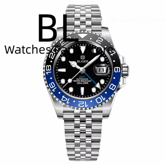BLIGER luxe bleu ciel lunette en céramique GMT montre mécanique pour hommes 40MM