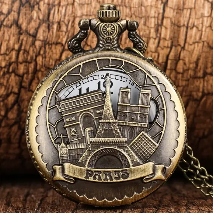 Montre de poche vintage Tour Eiffel Paris à quartz avec chaîne