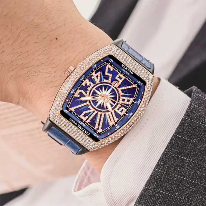Montre en diamant pour hommes, montres à quartz tonneau élégantes résistantes à l'eau et aux chocs pour différentes occasions