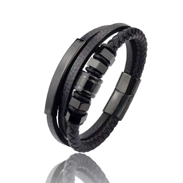 Bracelet en cuir véritable noir pour hommes