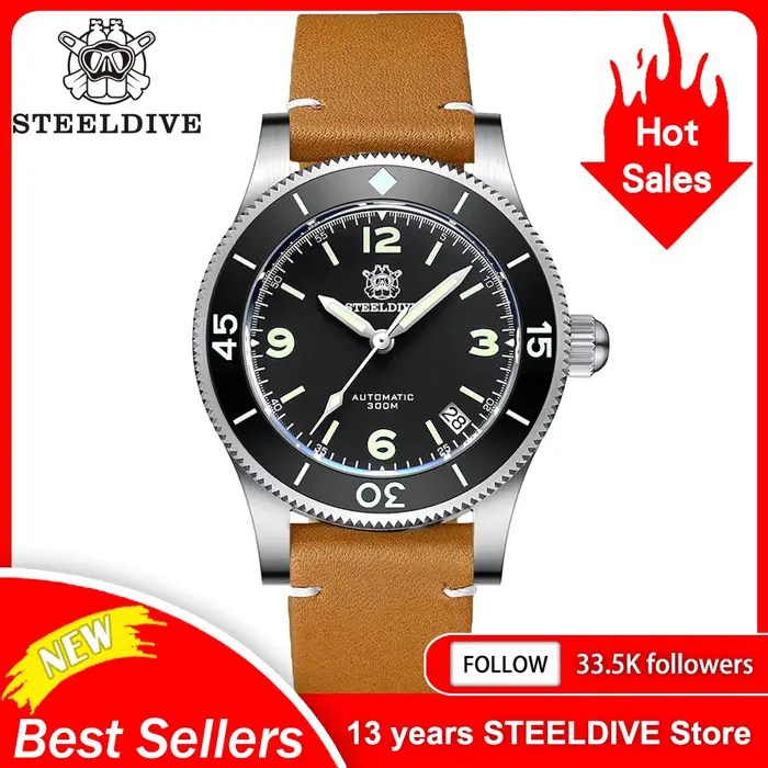Montre de plongée STEELDIVE SD1952 avec lunette céramique et bracelet en cuir pour homme résistant à l'eau 300m