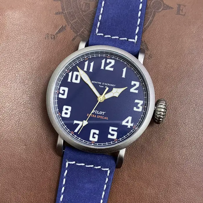 Montre pour homme 45 mm vintage antique couleur or rose titane noir bleu vert armée cuir mat