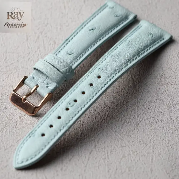 Bracelet en cuir d'autruche sud-africain fait à la main, 18 19 20 22MM, bleu glacier, bracelet en cu